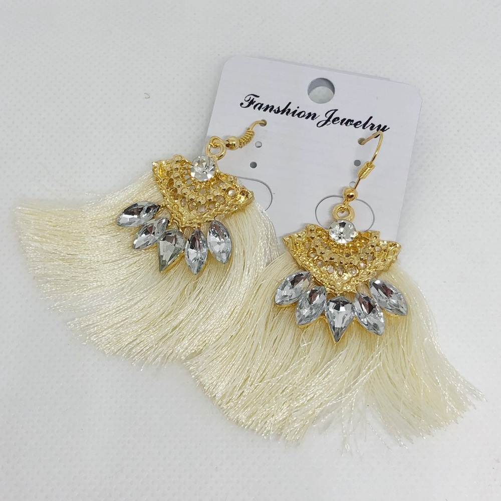 Cream/Off White Tassel and Rhinestone Earrings